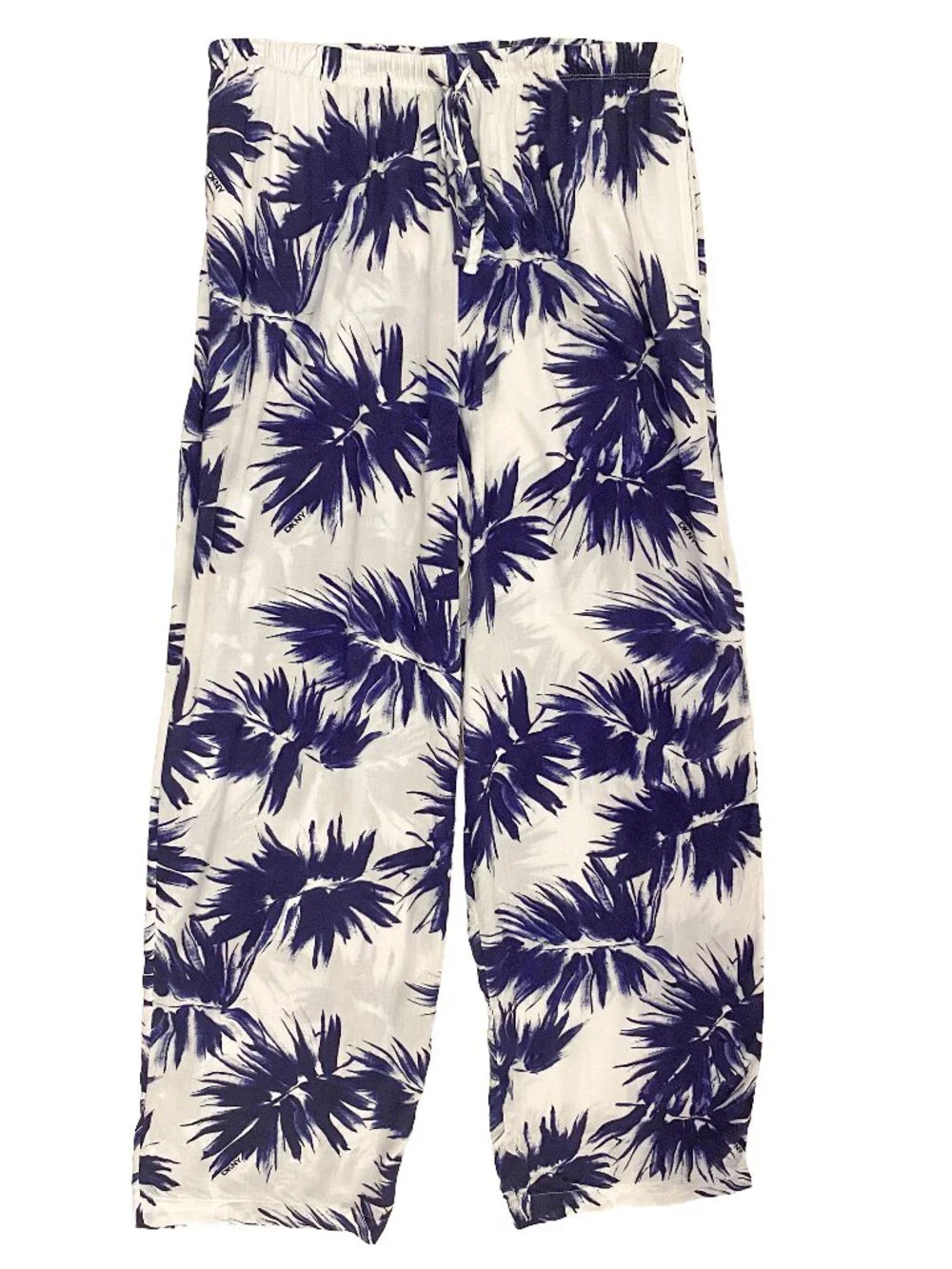 DKNY Navy Blue Palm Tree Vacation Pajama Lounge Wide Leg Drawstring Pants M